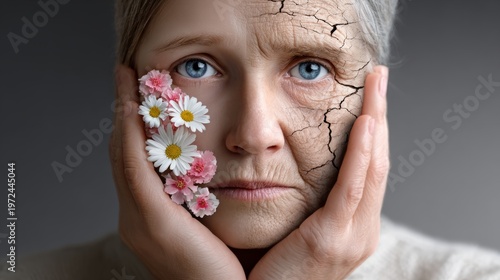 Woman holding her face with flowers on one side and cracks on the other side