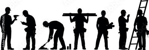 Construction worker silhouettes set with tools and equipment, builders performing tasks on site, industrial labor concept isolated on white background for design use
