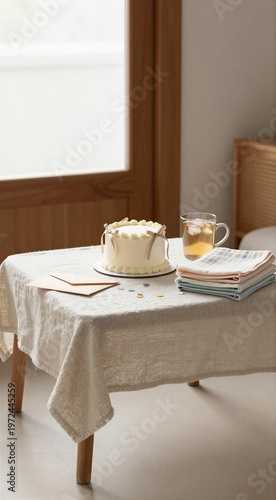 Small cake sitting on linen covered table near window