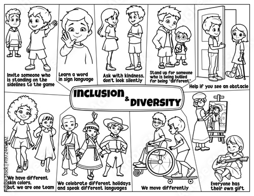 Inclusion and diversity educational activity sheet for children. Coloring page featuring diverse kids showing kindness, equality, and disability awareness