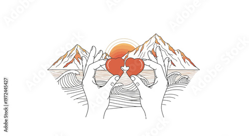 Hands holding heart symbol in front of mountains and sunset