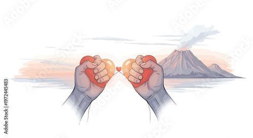 Hands holding hearts with volcanic landscape depicting connection