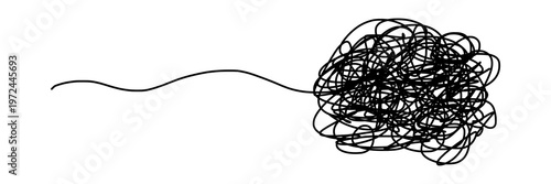 Tangled Thoughts Unraveled: An abstract sketch of a chaotic ball of scribbled lines, symbolizing complex ideas and tangled concepts. Tangled chaotic line.