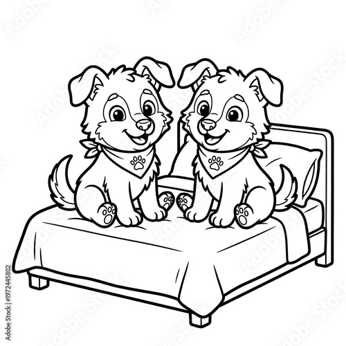 Coloring page of two cute puppies on a bed, adorable cartoon dogs with bandanas line art, pet animal coloring book illustration for kids isolated on White Background