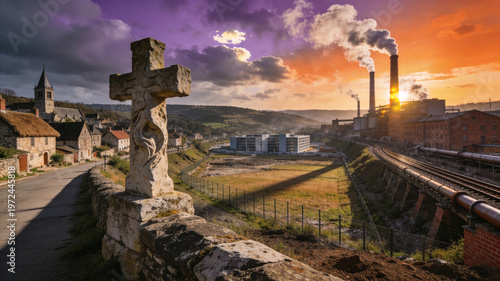 Dramatic landscape showing the transition from a medieval stone village with a carved cross to a modern industrial factory with smoking chimneys at sunset