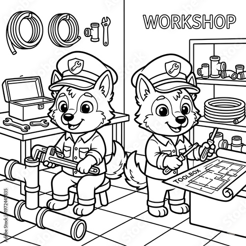 Plumber dog characters in workshop coloring page, cute puppy mechanics with tools and pipes, black and white outline illustration for kids isolated on White Background