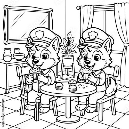 Coloring page of cute puppies eating cupcakes, cartoon dogs in police and chef uniforms at a table, black and white line art for kids activity isolated on White Background