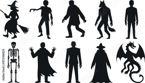 Halloween spooky silhouettes collection featuring witch, zombie, werewolf, skeleton, vampire, ghost and dragon, horror character set for decoration and design isolated on white background