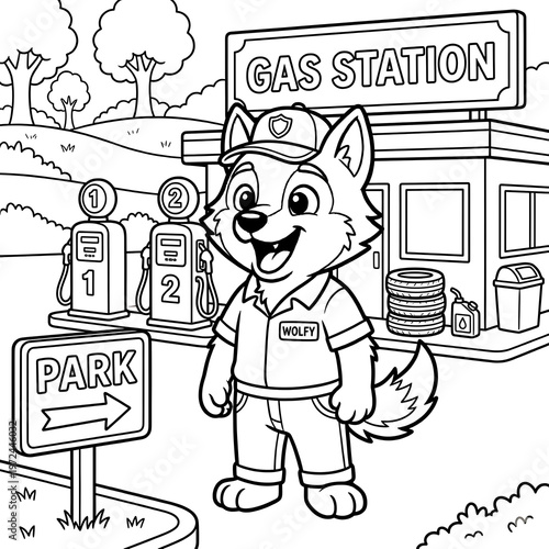 Coloring page of a cute wolf gas station attendant, cartoon animal character at a fuel station, black and white line art for kids activity isolated on Transparent Background