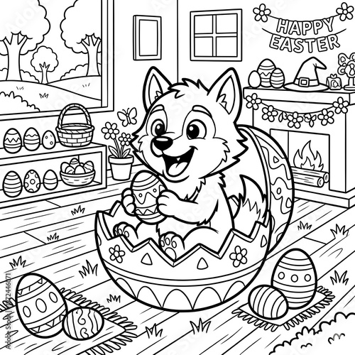 Happy Easter coloring page, cute wolf puppy hatching from egg, black and white line art illustration for kids activity book isolated on Transparent Background