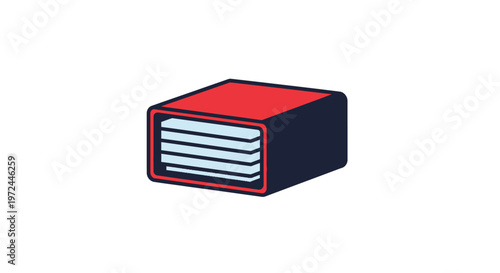 Abstract illustration of a red and blue container with internal papers
