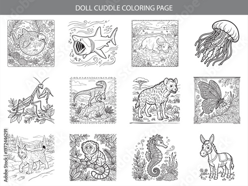Doll cuddle coloring page featuring diverse creatures including shark buffalo jellyfish mantis dinosaur hyena and butterfly