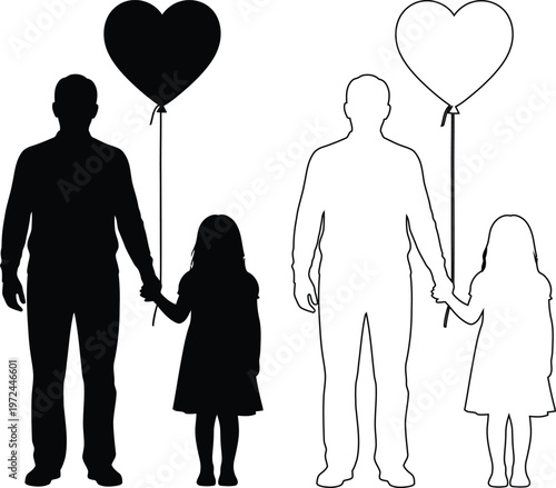 Family holding heart shaped balloons walking together happily