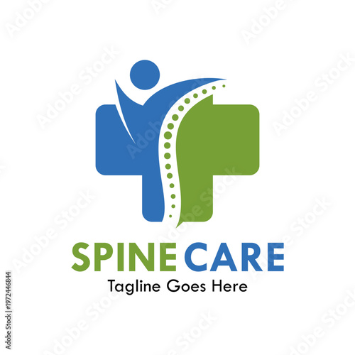 Professional spine care logo featuring a human silhouette with a spinal column on a medical cross, ideal for chiropractic and physiotherapy clinics.