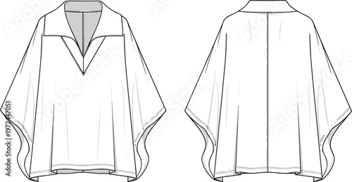 Minimalist loose fit poncho blouse technical fashion flat sketch front and back view modern women apparel design vector template