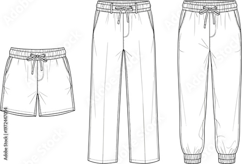 Men casual shorts and jogger pants set technical fashion flat sketch, drawstring waist design, modern sportswear apparel template isolated on white background