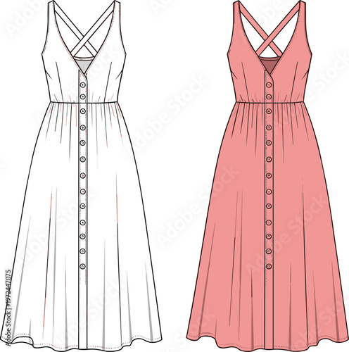 Sleeveless button front midi dress illustration in white and coral colors, feminine summer fashion outfit design, casual elegant women's clothing style