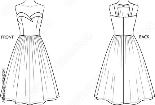 Strapless sweetheart neckline midi dress illustration with pleated skirt, elegant evening women's fashion design, front and back view formal outfit style