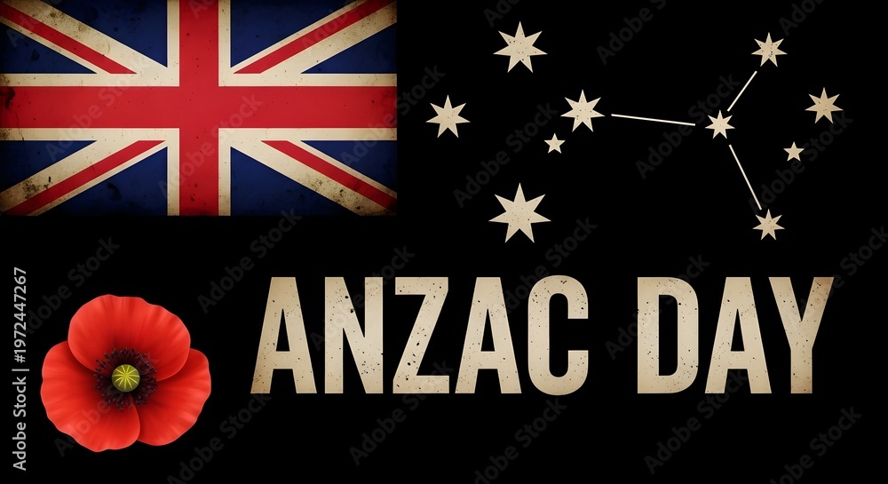 Obraz premium Anzac day commemorative graphic with australian flag, southern cross constellation, and red poppy