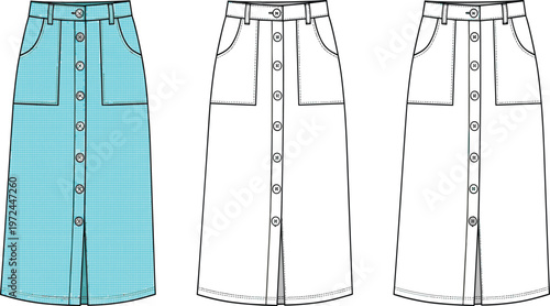 Women button front midi skirt technical fashion flat sketch front view with pockets high waist modern apparel vector template design