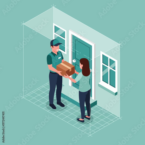 Delivery person handing package to customer.