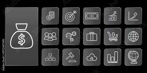 Modern Finance and Business Line Icons Set on Dark Background
