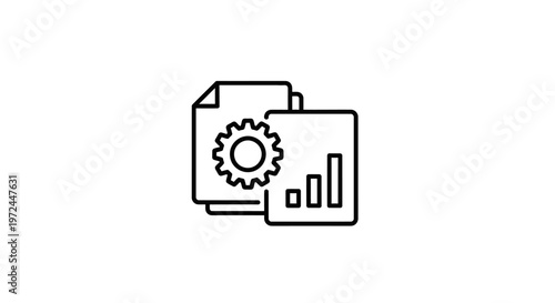 Abstract illustration of gears documents and charts showing data analysis
