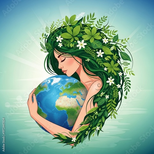 woman hugging earth, green hair with flowers and leaves, eco friendly