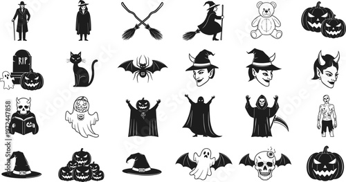 Halloween character icons set featuring black silhouettes of witches ghosts grim reaper pumpkins black cats and creepy monsters for holiday party graphic design