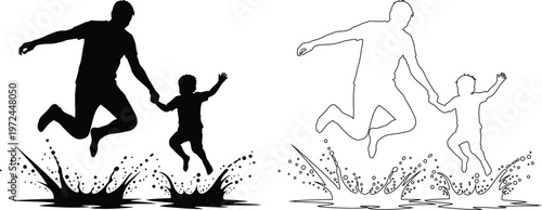 Father and Child Jumping Together in Water Silhouette Style Art