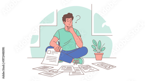 Man thinking with papers and question mark, studying or working at home, illustration