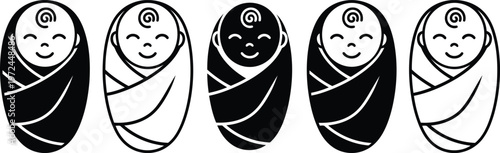 Five black and white swaddled babies in a row