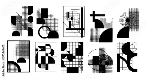 Abstract bauhaus geometric collage posters in black and white retro minimal vector set for interior print and modern design