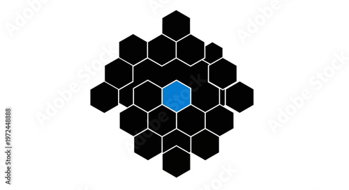 Abstract geometric design featuring black hexagons with a central blue element, minimalistic