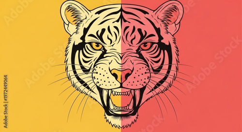 Tiger Face Split Colorful Illustration.
