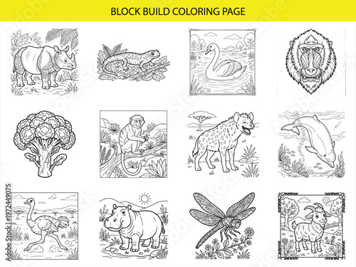 Creative block build coloring page featuring exotic animals and vibrant nature scenes for kids artistic skill development