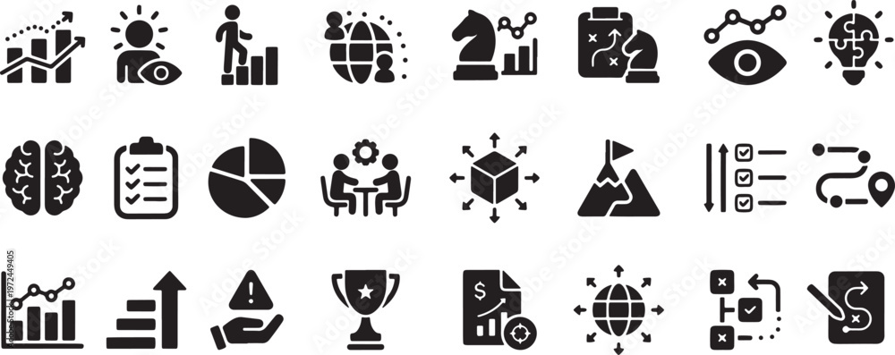 Fototapeta premium Black silhouette icons set business technology and data analysis concepts