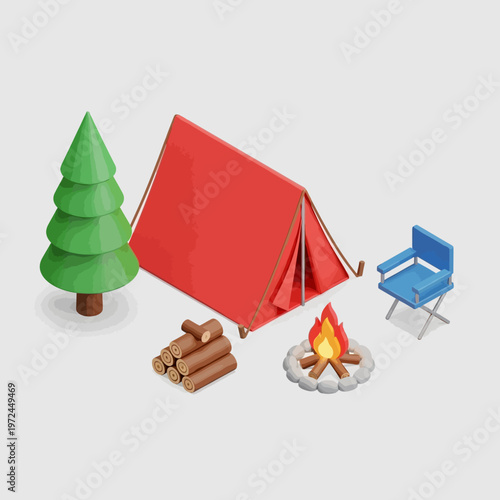 Camping gear with tent and fire.