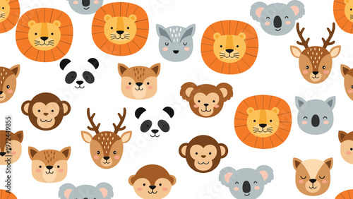 Delightful seamless pattern displays various cute animal faces including lions pandas koalas and deer on white.