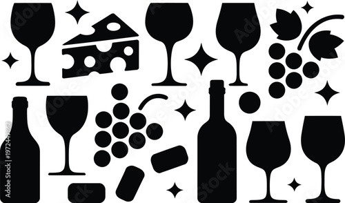 Wine Glasses and Bottles with Grapes Silhouette Illustration