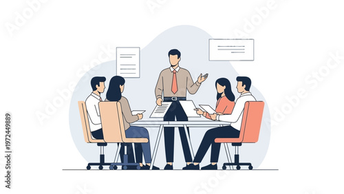 Business meeting: team discussing strategy with leader at table, modern office illustration