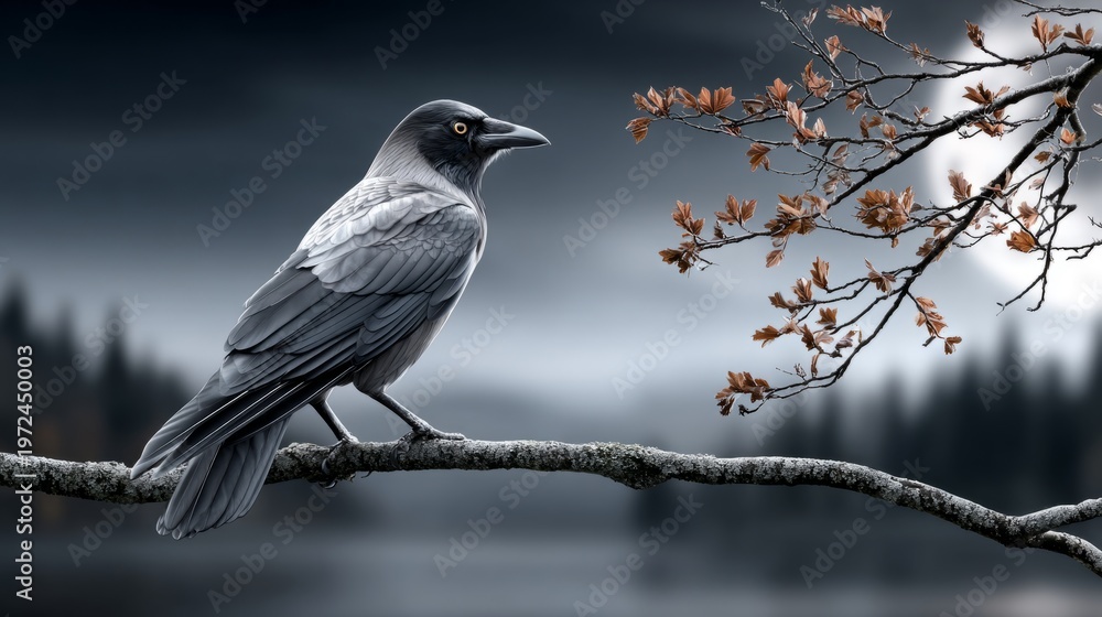 Fototapeta premium Bird on a branch next to a lake with a dark background and autumn leaves