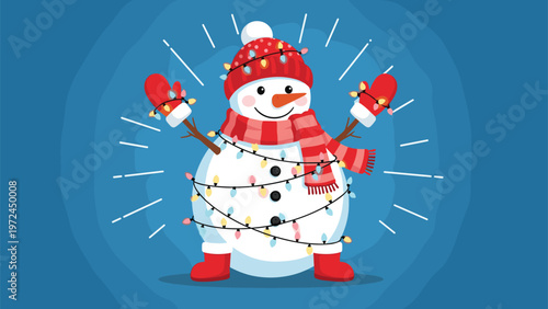 Smiling snowman wearing red winter accessories and colorful festive lights celebrates holiday season spirit.