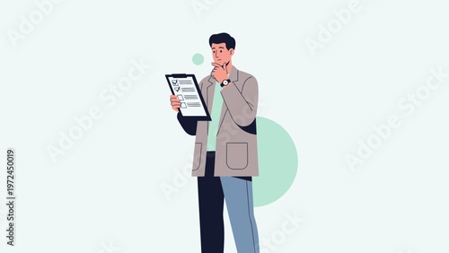 Man in suit contemplating checklist on clipboard, business decision making concept