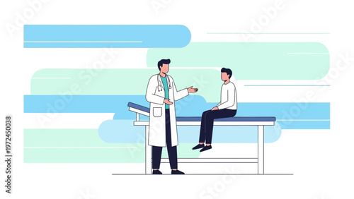 Doctor consulting patient on examination table in modern clinic, flat illustration
