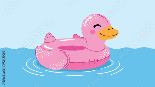 Playful pink inflatable toy duck floating on blue water ripples creates a fun summer pool atmosphere.