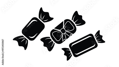 Silhouettes of three wrapped candies in different orientations provide a sweet and fun treat visual element.
