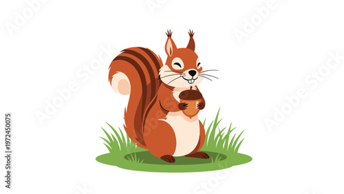 Happy squirrel character standing on green grass and holding an acorn with its paws in a forest setting.