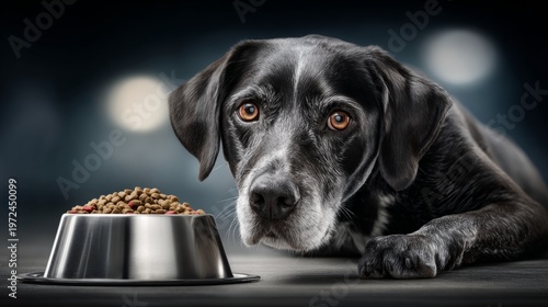 Dog waiting near food bowl at home displaying eagerness for meal time