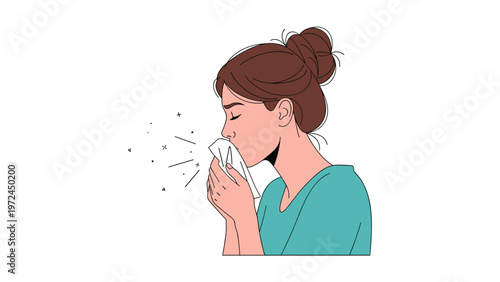 Young woman in a teal shirt sneezing into a white tissue representing cold flu or allergy symptoms.